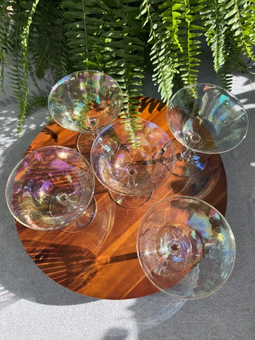 Set of 2 Vintage Fostoria Mother of Pearl Iridescent Champagne Coupe Glasses